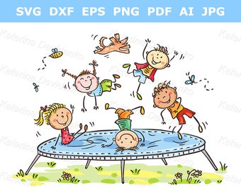 Cartoon happy kids clipart, cute funny doodle kids jumping on trampoline, children clipart illustration