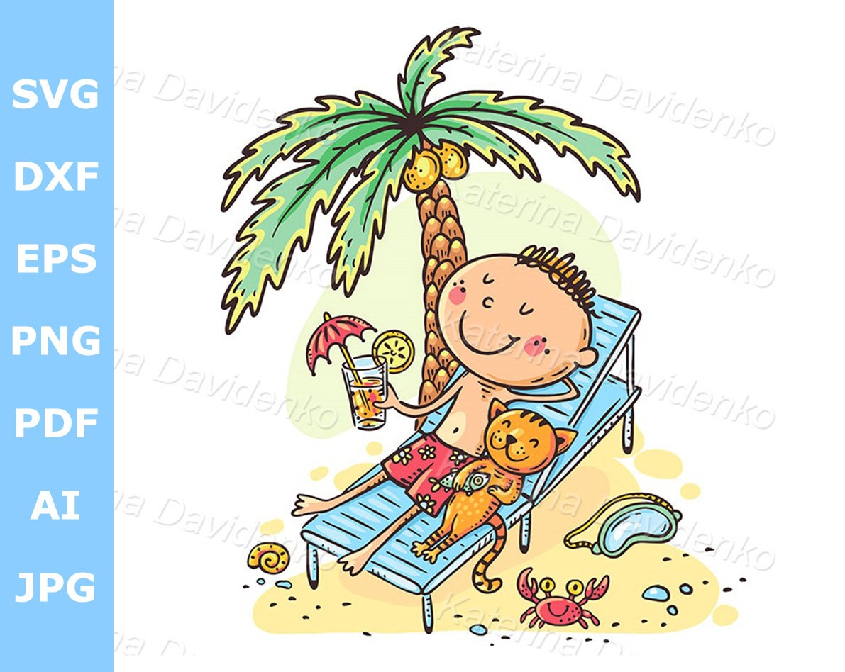 Cartoon Drawing Child Sunbathing at the Beach Under a Palm - Etsy Finland