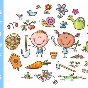 Conjunto de imágenes prediseñadas de niños de dibujos animados en el jardín, diferentes objetos, herramientas de jardinería, imágenes prediseñadas, ilustraciones dibujadas a mano, descarga digital, niños garabatos