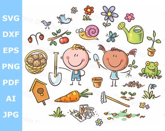 Cartoon doodle kids in the garden, clipart set different objects gardening tools