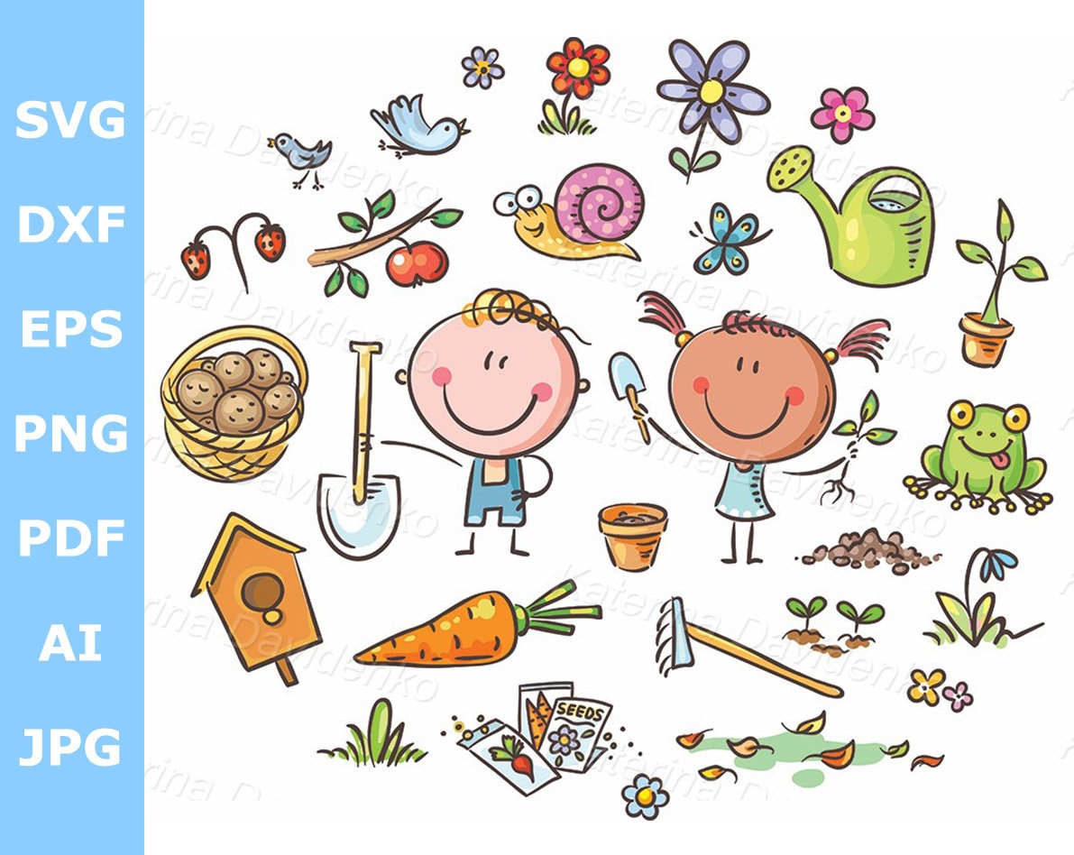 Cartoon Doodle Kids in the Garden, Clipart Set Different Objects Gardening  Tools - Etsy Hong Kong