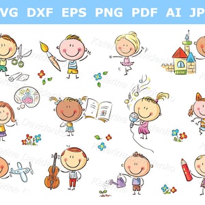 Doodle kids creative activities clipart set. School children bundle illustration. pdf png svg stick figure images