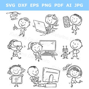 Niños de dibujos animados dibujados a mano usando dispositivos electrónicos, clipart de niños de contorno, niños garabatos usando gadgets, clipart de tecnología en blanco y negro
