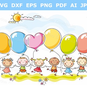 Cartoon kindergarten kids with balloons, doodle kids clipart. Happy children outdoor