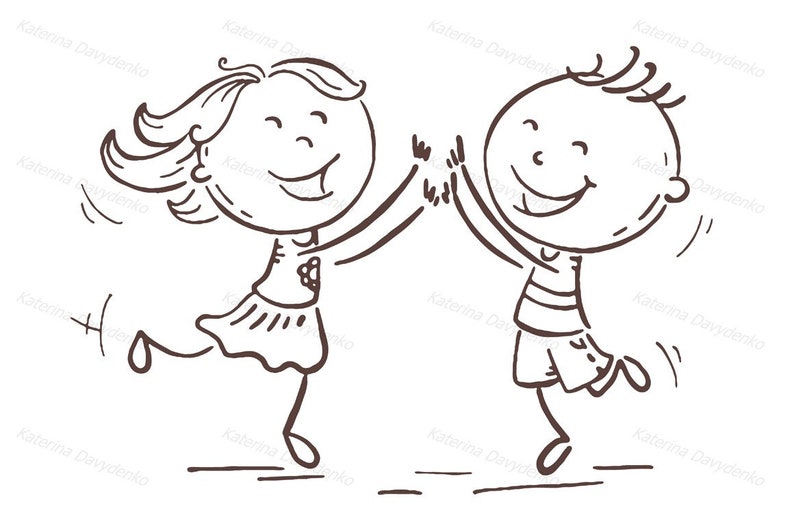 Op de afbeelding: Een zwart-witte lijntekening van een meisje en een jongen die elkaar een high five geven. Ze lachen allebei en hebben hun armen in de lucht gestoken.