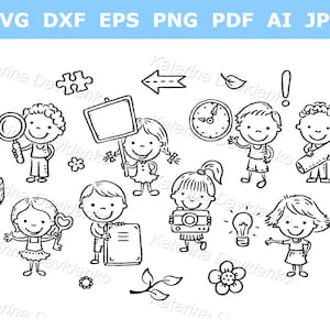 Clipart de niños con garabatos. Archivos PNG separados. Conjunto de niños de dibujos animados sosteniendo diferentes objetos. Niño con cartel, clipart en blanco y negro.
