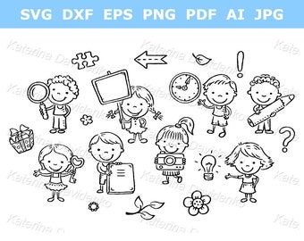 Doodle kids clipart. Set of cartoon kids holding different objects like clock pencil banner key Digital download