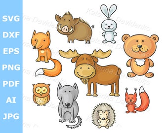 May include: A set of ten cartoon animal illustrations featuring a fox, boar, moose, rabbit, bear, owl, wolf, squirrel, hedgehog, and a fox with a curled tail. The animals are drawn in a whimsical style with bright colors.