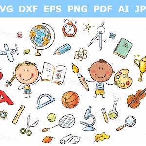 May include: A colorful illustration of school supplies and children. The illustration includes a globe, a book, a paintbrush, a palette, a microscope, a ruler, a compass, a trophy, a violin, a basketball, a tennis racket, a magnifying glass, a pencil, an apple, a notebook, a letter A, a protractor, scissors, and two children.
