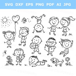 Conjunto de imágenes prediseñadas de niños felices con dibujos lineales. Niños con palitos dibujados a mano. Imágenes prediseñadas de actividades de niños y niñas con contornos aislados. Descarga digital
