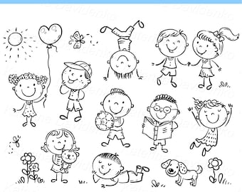 Line drawing happy kids clipart set. Hand drawn stick figure children. Isolated outline boys and girls activity clipart. Digital download