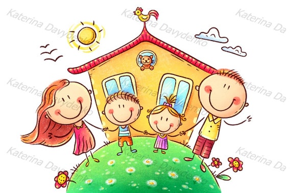 Cartoon Family Clipart Happy Family With Two Kids Near Their - Etsy Cartoon Family Clipart Happy Family With Two Kids Near Their - Etsy
