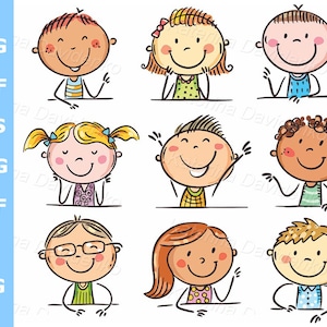 Doodle kinder clipartset. Gelukkige schoolkinderen, stripfiguren. Digitale download van stickfiguren met diverse kinderclipart