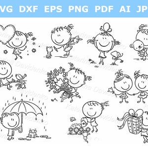 Doodle cartoon kid clipart. Outline illustration, funny girl clipart, black and white images set