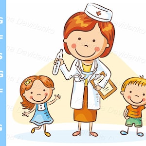 Médico de dibujos animados feliz con niños. Clipart de atención médica. Médico lindo con niños pequeños. Ilustración vectorial de descarga digital