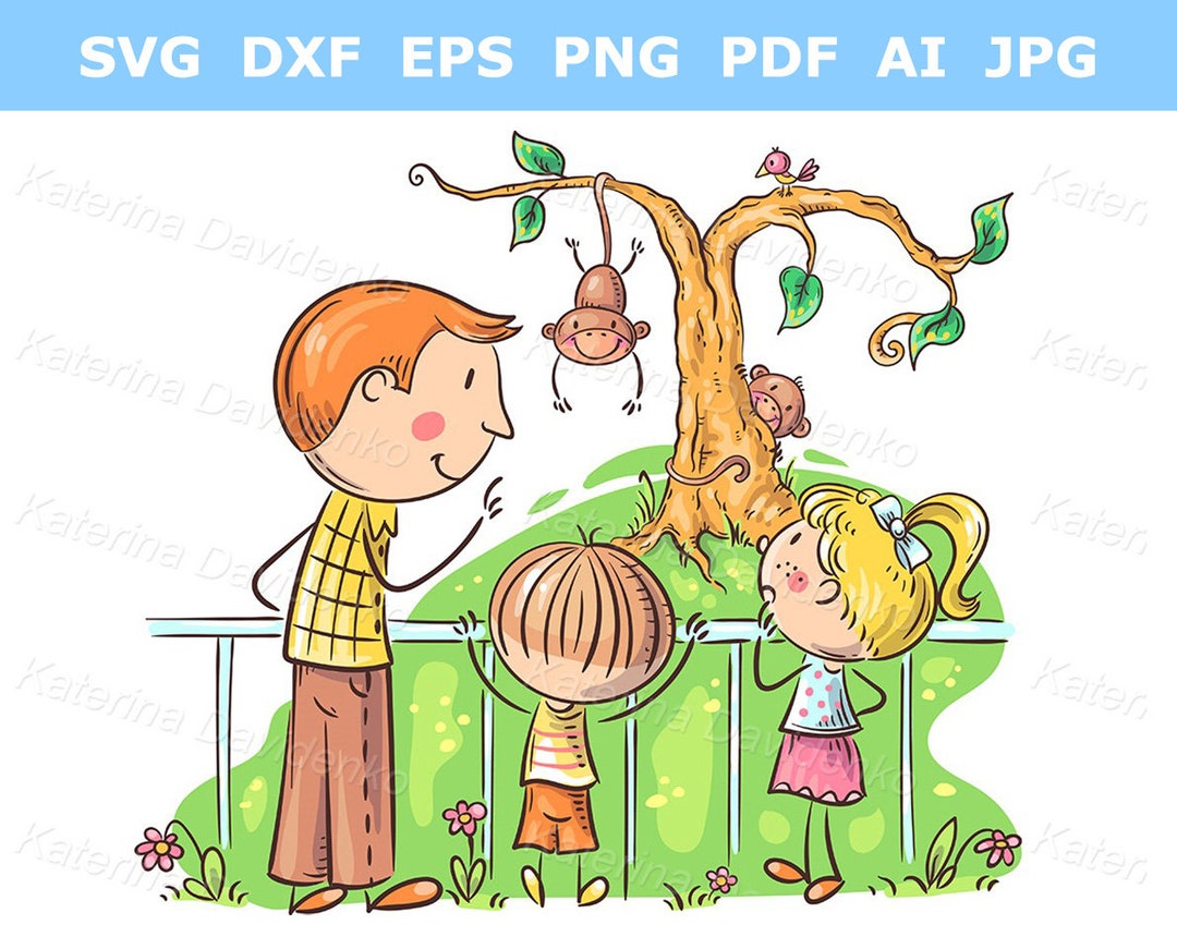 Zoo Clipart Cartoon Illstration of Father With Kids on - Etsy