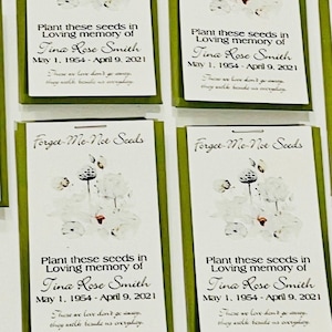 Personalized Memorial Seed Packet Favors: Forget-Me-Not, Wildflower, Sunflower