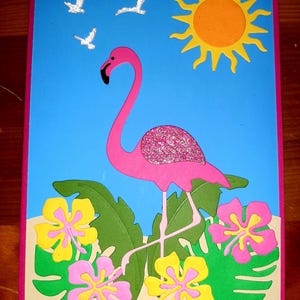 Handgemachte Flamingo Tropische Blumen Palme Florida Gruß Geburtstag Notiz Blanko Karte Ozean Blumen Palme