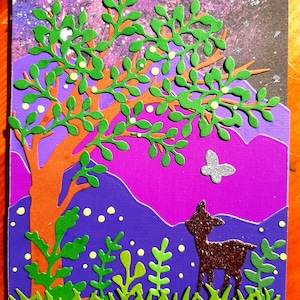 Blue Ridge Midsummer Dream Handmade Card Jeleń Świetliki Las urodzinowe życzenia pusta karta świetliki wieczór noc gwiazdy księżyc