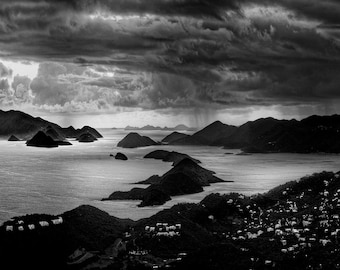 Early Morning Squalls. St. Thomas Stormy Seascape Print: Black and White Caribbean Panorama
