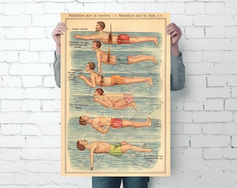 Natation Poster nach Friedrich Eduard Bilz Anleitung zum Bauch- und Rückenschwimmen 61 cm x 91,5 cm - Vintage Plakat