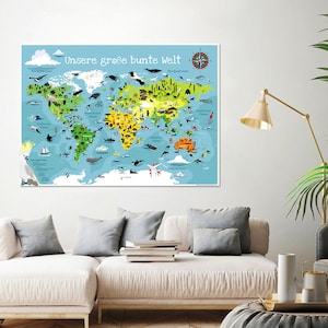 Weltkarte für Kinder XXL Premium 140 x 100 cm Weltkarte World Map illustrierte Weltkarte Plakat Kind Tiere Kinderzimmer Landkarte laminiert Bild 2