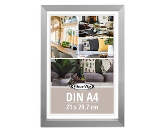 Poster frame 21 x 29.7 cm (DIN A4) wood decor silver with back panel and stand, PVC sheet (unbreakable), profile width 17 mm