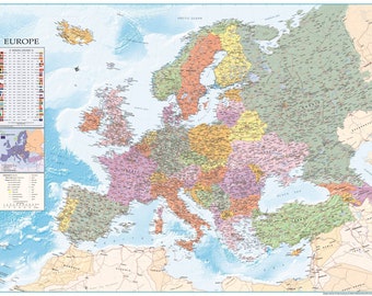 XXL map of Europe with flags & numerous information - Premium world map poster - 135 x 100 cm