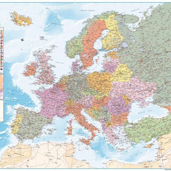 Carte XXL de l'Europe avec drapeaux et beaucoup d'informations - affiche carte du monde premium - 135 x 100 cm