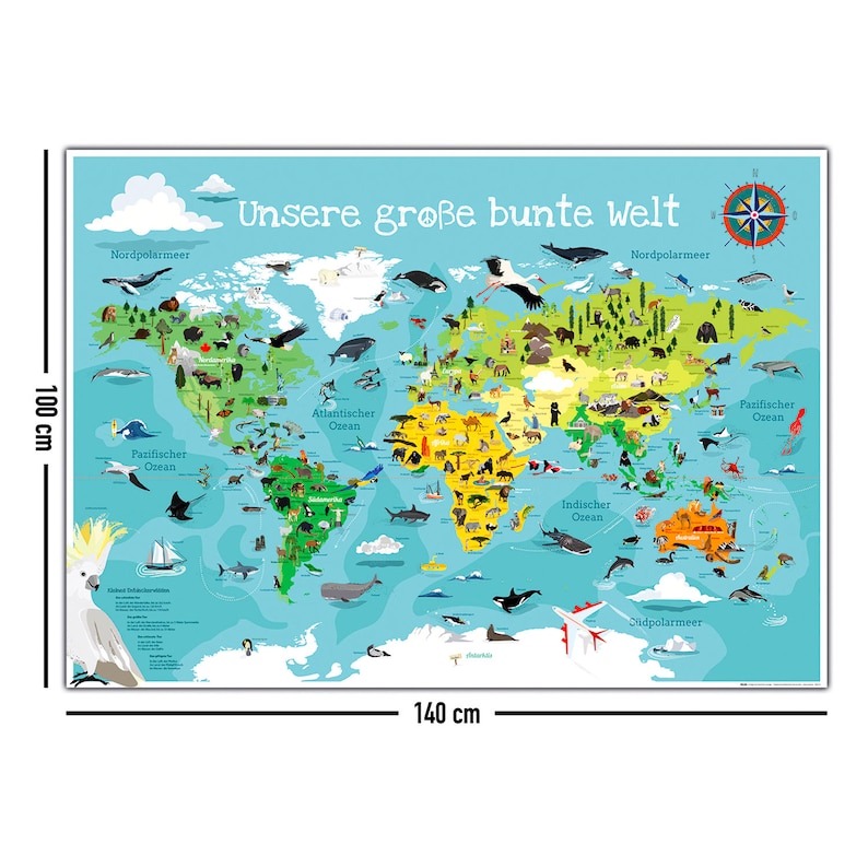 Weltkarte für Kinder XXL Premium 140 x 100 cm Weltkarte World Map illustrierte Weltkarte Plakat Kind Tiere Kinderzimmer Landkarte laminiert Bild 4