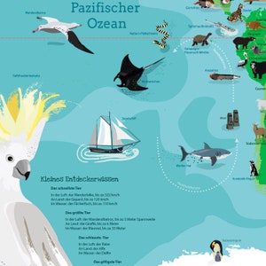 Weltkarte für Kinder XXL Premium 140 x 100 cm Weltkarte World Map illustrierte Weltkarte Plakat Kind Tiere Kinderzimmer Landkarte laminiert Bild 8