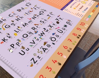 Sous-main enfant Alphabet rose 60 x 40 cm, avec lignes de repère pour chaque lettre, idéal pour l'école, imperméable et essuyable
