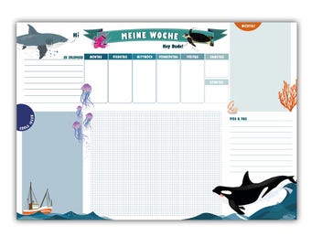 Underwater world desk pad made of paper to tear off | for children & teens | weekly planner and notes | DIN A2, 90g/m2, glued at the bottom