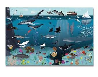 Onderwaterwereldposter voor kinderen, XXL Premium 140 x 100 cm - diverse zeedieren - verborgen objectfoto