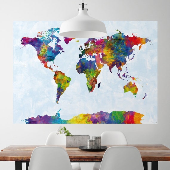 Watercolor World Map XXL Poster 140x 100 Cm by Michael Etsy Israel
