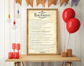 Poster certificate "EHEGESETZ" poster, 60 x 40 cm - funny, unofficial document for marriage, joke article