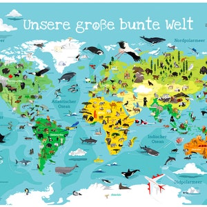 Weltkarte für Kinder XXL Premium 140 x 100 cm Weltkarte World Map illustrierte Weltkarte Plakat Kind Tiere Kinderzimmer Landkarte laminiert Bild 3