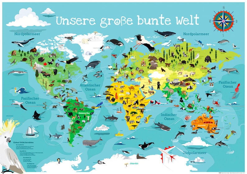 Weltkarte für Kinder XXL Premium 140 x 100 cm Weltkarte World Map illustrierte Weltkarte Plakat Kind Tiere Kinderzimmer Landkarte laminiert Bild 3