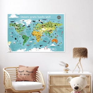 XL Premium 61 x 91,5 cm Kinderweltkarte Weltkarte World Map illustrierte Weltkarte Plakat Kind Tiere Kinderzimmer Landkarte