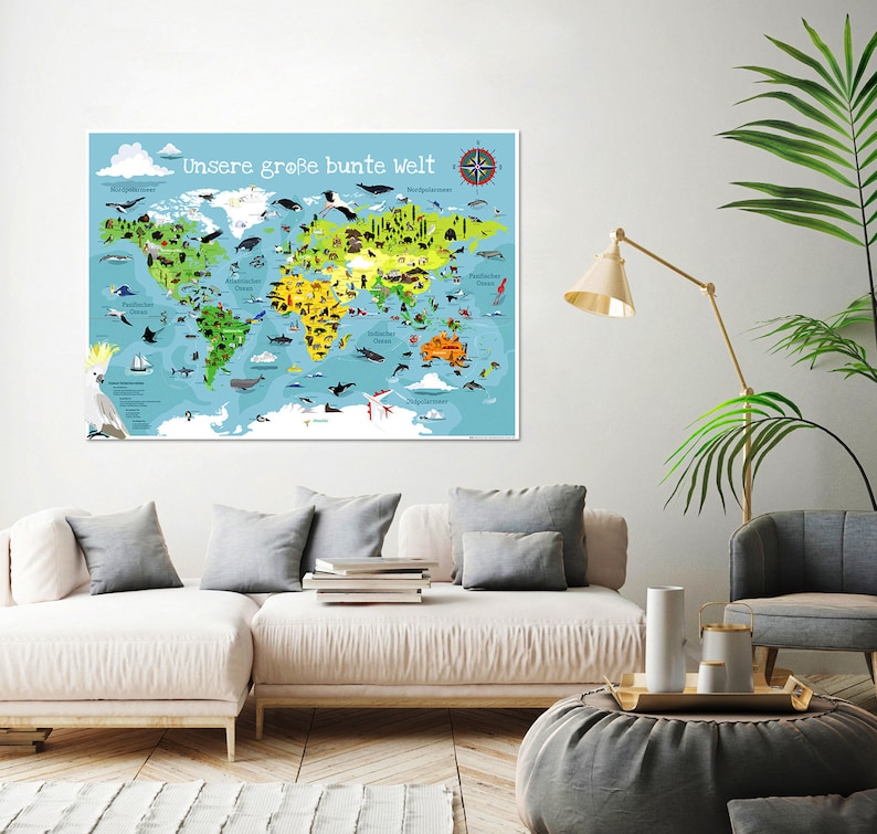 Weltkarte für Kinder XXL Premium 140 x 100 cm Weltkarte World Map illustrierte Weltkarte Plakat Kind Tiere Kinderzimmer Landkarte laminiert Bild 2