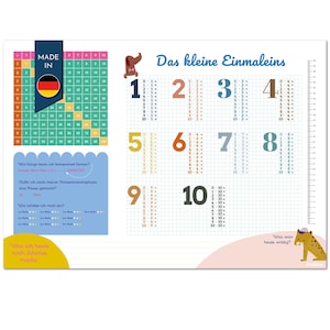 Puede incluir: Una colorida tabla de multiplicar con los números del 1 al 10, con una bandera alemana y el texto "Made in Germany". La tabla incluye una tabla de multiplicar, una sección para notas e ilustraciones de animales. El texto "Das kleine Einmaleins" está en la parte superior.