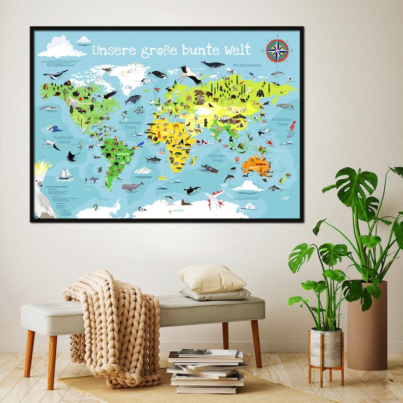 Weltkarte für Kinder XXL Premium 140 x 100 cm Weltkarte World Map illustrierte Weltkarte Plakat Kind Tiere Kinderzimmer Landkarte laminiert Bild 5