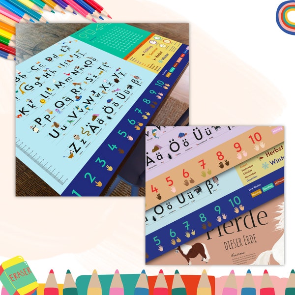 Kinder Schreibtischunterlage Alphabet 60x40 cm | mit Hilfslinien für jeden Buchstaben, Ideal zur Einschulung | in versch. Farben verfügbar