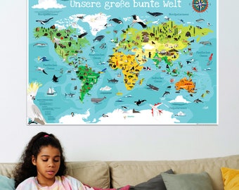 Carte du monde pour enfants XXL Premium 140 x 100 cm Carte du monde illustrée Carte du monde Poster Enfant Animaux Carte de chambre d'enfant plastifiée