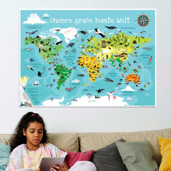 Weltkarte für Kinder XXL Premium 140 x 100 cm Weltkarte World Map illustrierte Weltkarte Plakat Kind Tiere Kinderzimmer Landkarte laminiert