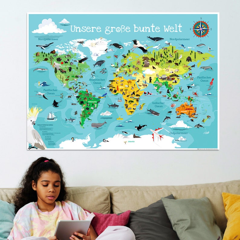 Weltkarte für Kinder XXL Premium 140 x 100 cm Weltkarte World Map illustrierte Weltkarte Plakat Kind Tiere Kinderzimmer Landkarte laminiert Bild 1
