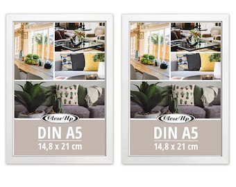 Poster frame 14.8 x 21 cm 2-pack (DIN A5) wood decor white with back panel and stand, PVC sheet (unbreakable), profile width 15 mm