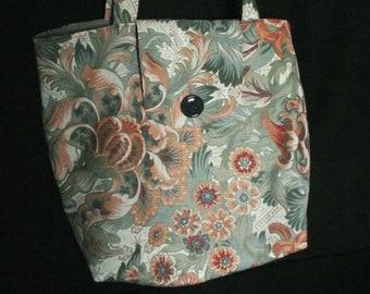 The Tabby Cat shoulder bag in grey-green and dusky orange vintage floral fabric. Designed & hand-made by Liz O'Halloran.