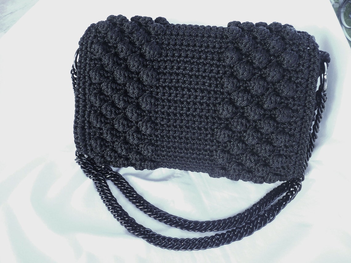 Black Luxury Crochet Bag, Shoulder Handmade Bag, Crochet Handbag