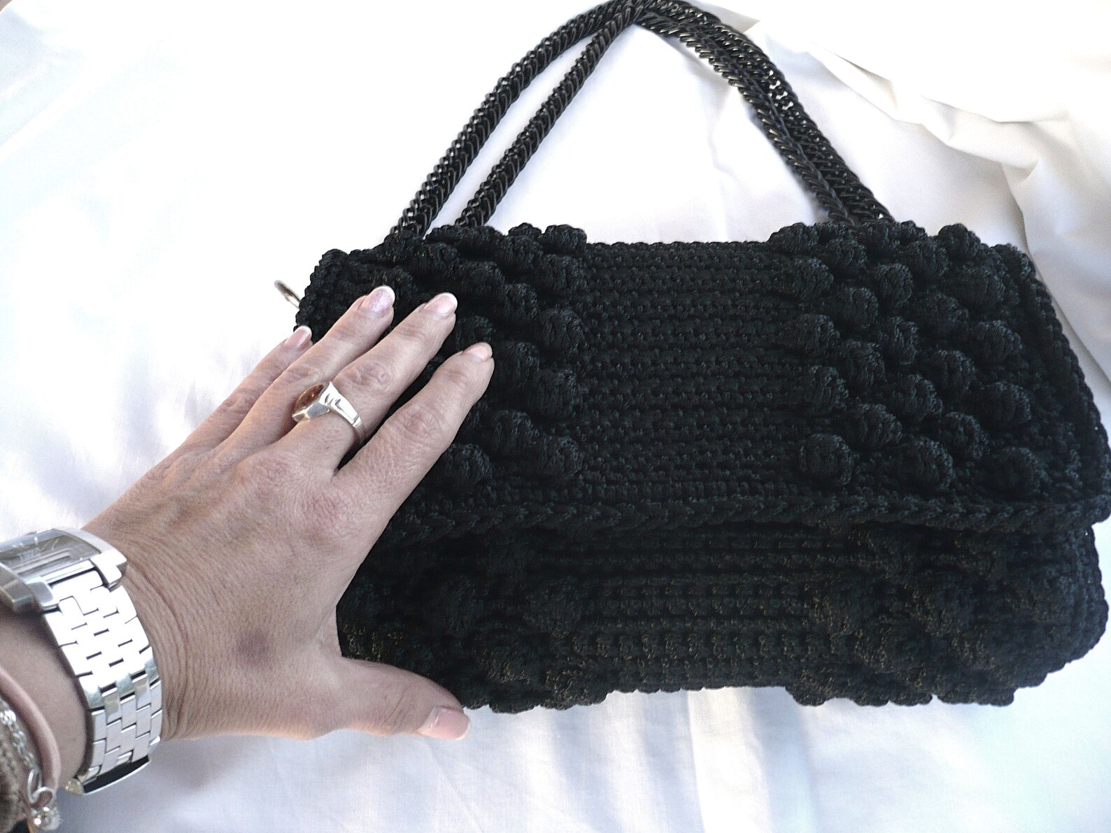 Black Luxury Crochet Bag, Shoulder Handmade Bag, Crochet Handbag